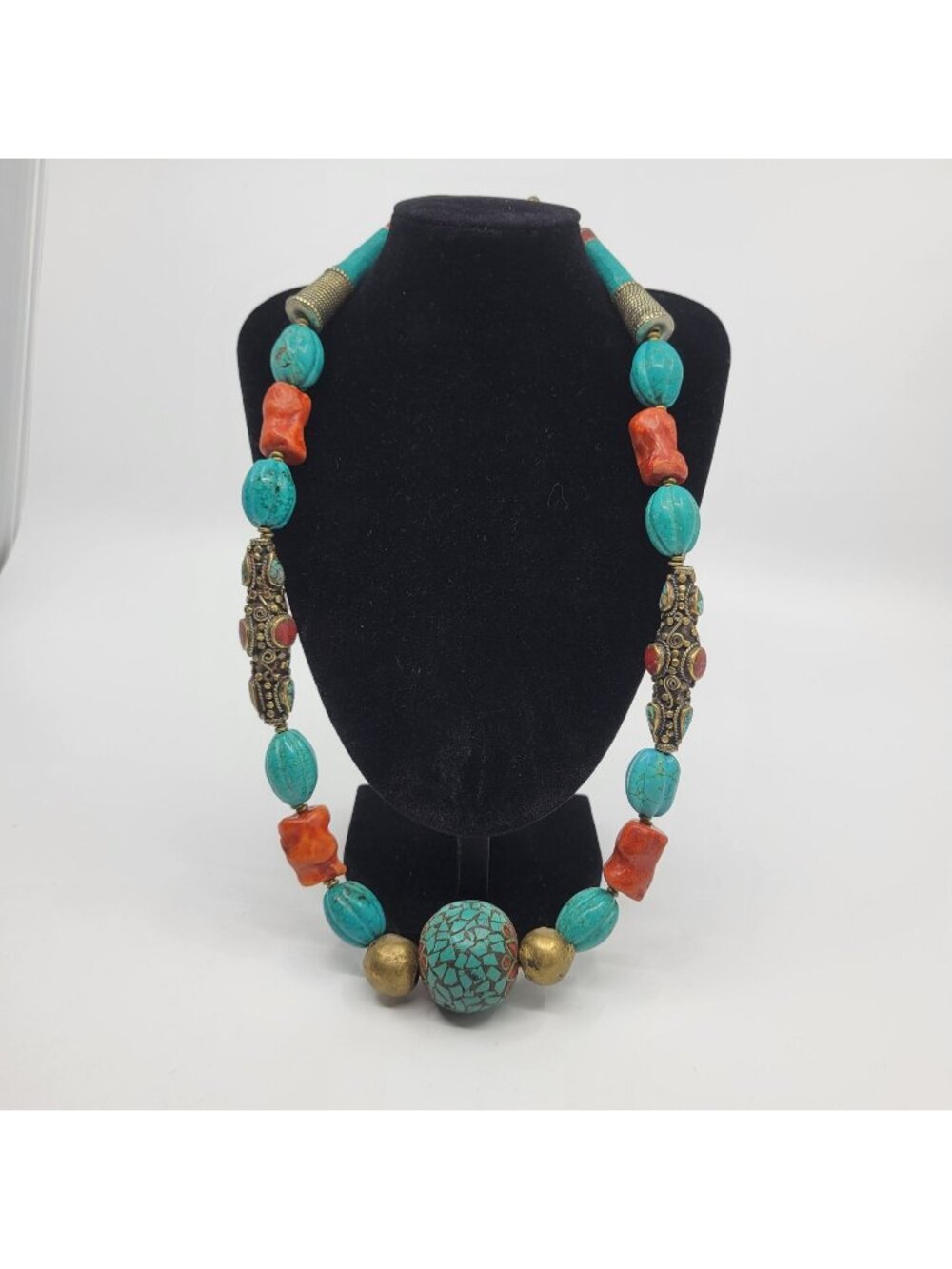 Genuine Turquoise & Coral Necklace 22.5" Tibetan Artisan Mosaic OOAK Handcrafted